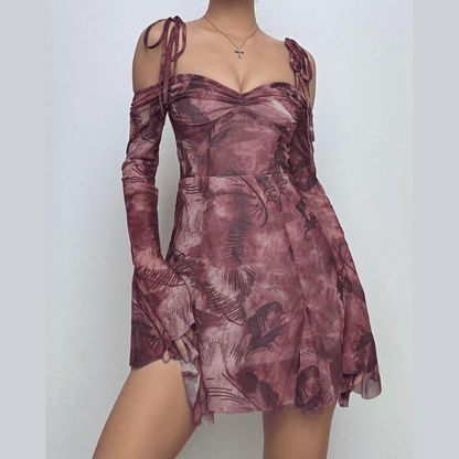 Long sleeve tie dye off shoulder ruched sweetheart neck self tie backless mini dress