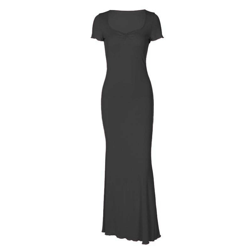 Short sleeve heart neck ruched ribbed solid maxi dress
