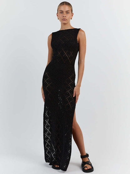 Hollow Out Mesh Beach Vacation Knitted Slit Dress