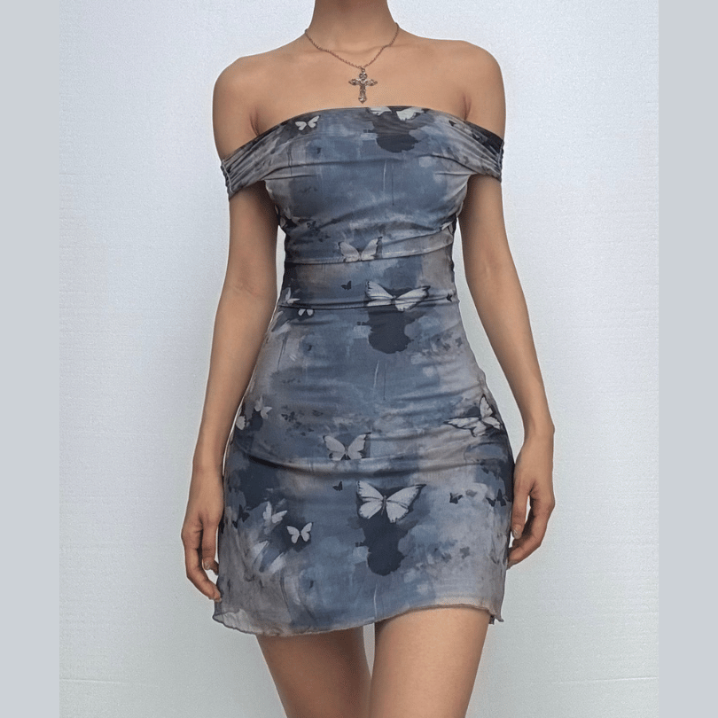 Off shoulder butterfly print ruched mini dress