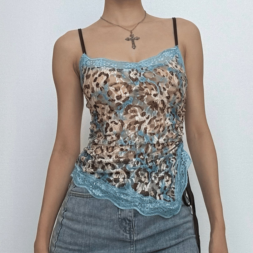 Lace leopard print irregular knotted cami top