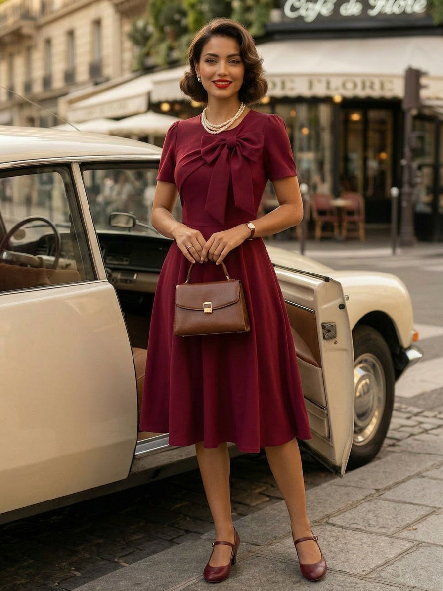 Side Bow Knot Crew Neck Short Sleeve A Line Swing Dress For Women 2026