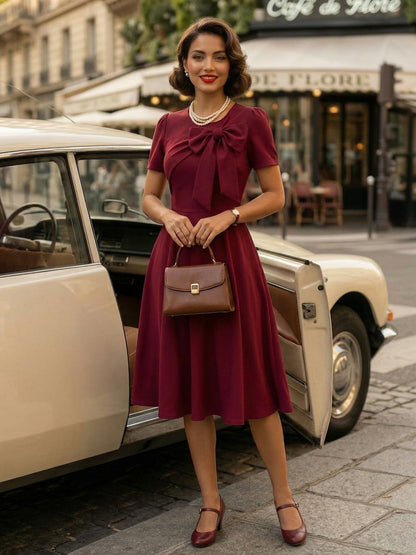 Side Bow Knot Crew Neck Short Sleeve A Line Swing Dress For Women 2026