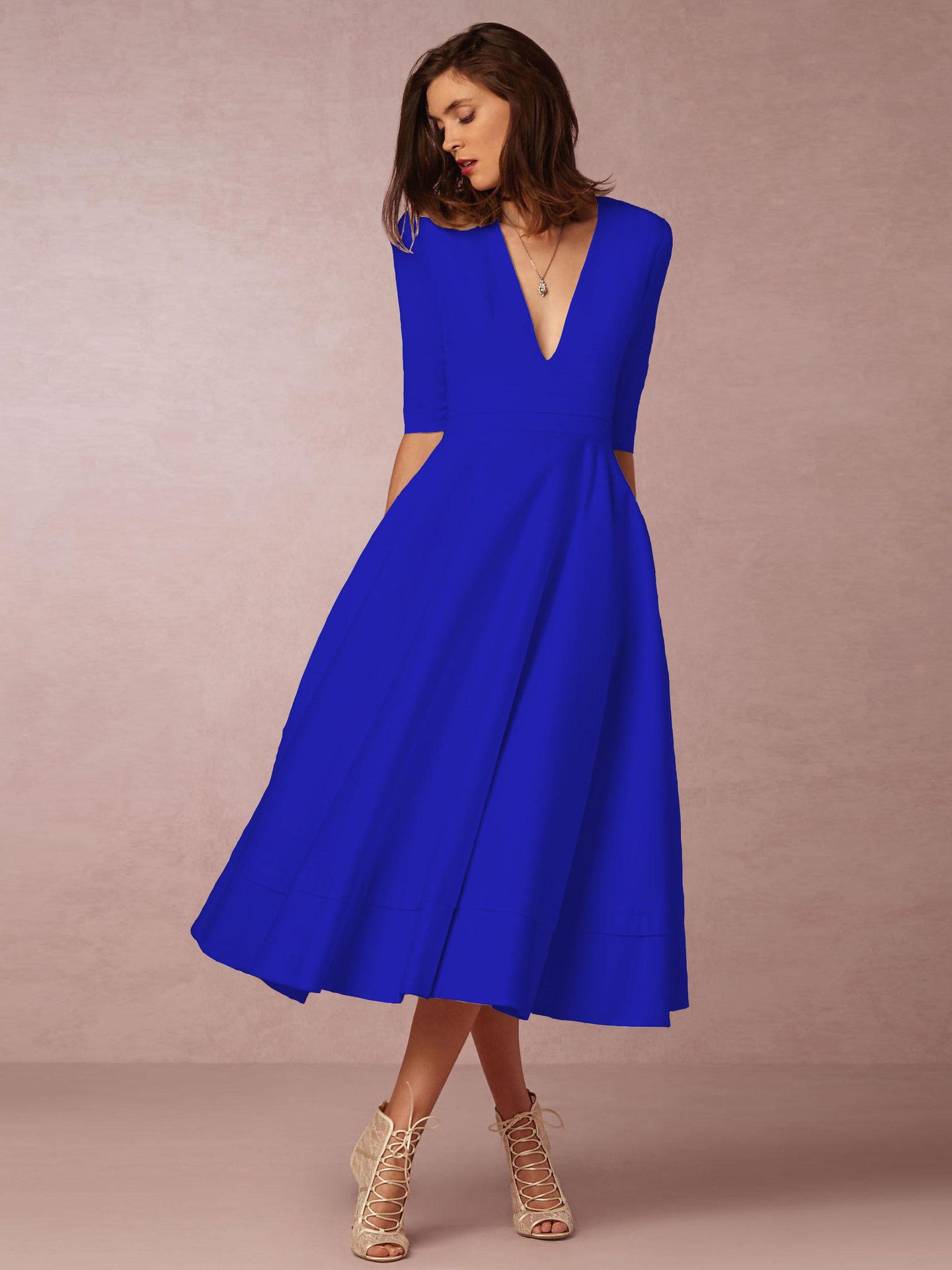 Plunge Midi Dress Half Sleeves Pockets A-Line Prom Dresses In Burgundy