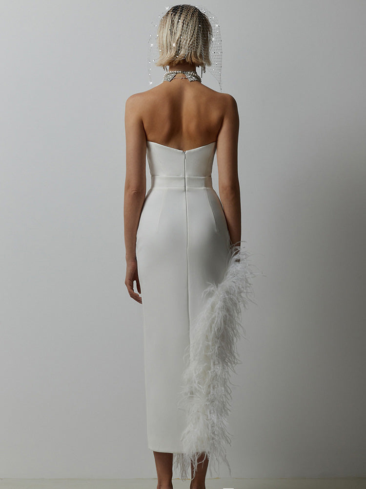 Bodycon Dress Feather Trim Off The Shoulder Asymmetrical Party Club Dresses