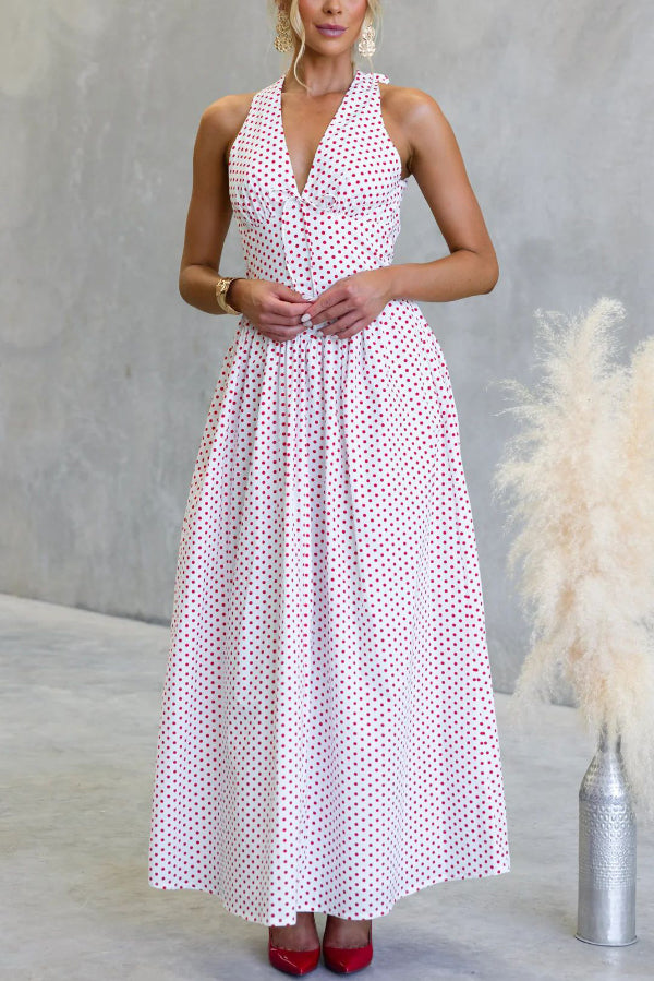 Polka Dot Print Halter Neck Fitted Waist Holiday Maxi Dress