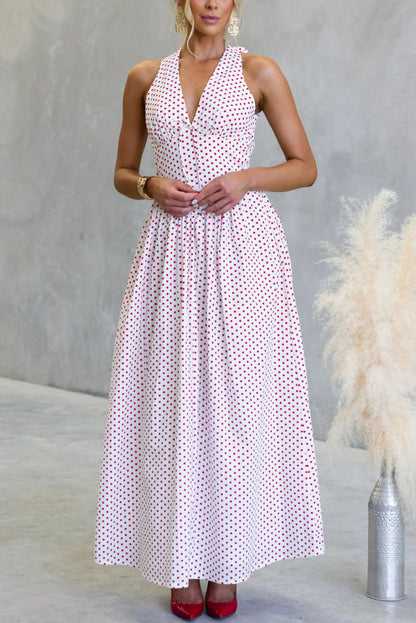 Polka Dot Print Halter Neck Fitted Waist Holiday Maxi Dress