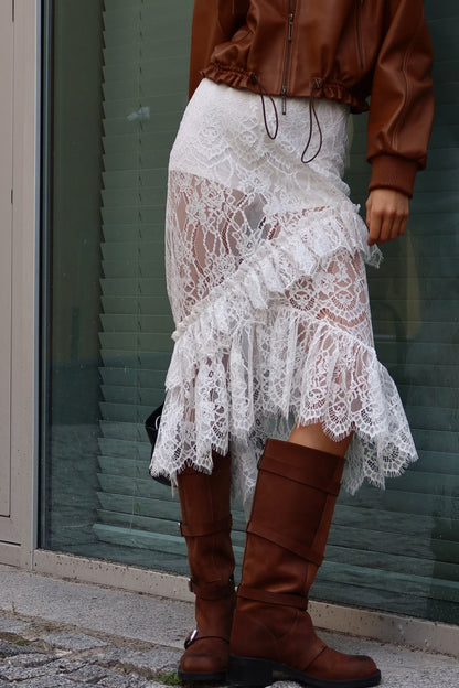 Lace Ruffled Asymmetrical Midi Skirt