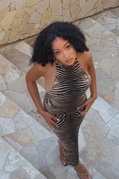 Halter Striped Backless Maxi Dress