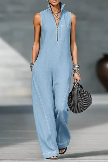 Solid Color Sleeveless Stand Collar Casual Pocket Loose Wide-leg Jumpsuit