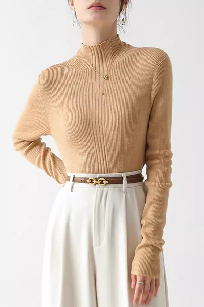 Elegant Apricot Mock Neck Long-Sleeve Pullover Knit Top