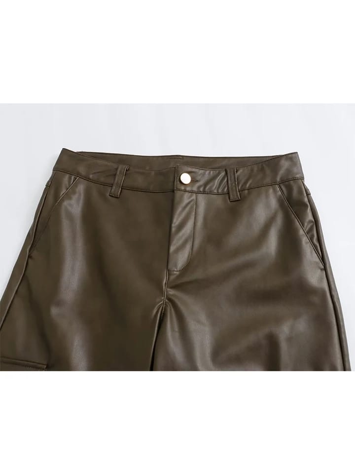 PU Leather Cargo Olive Green Pants