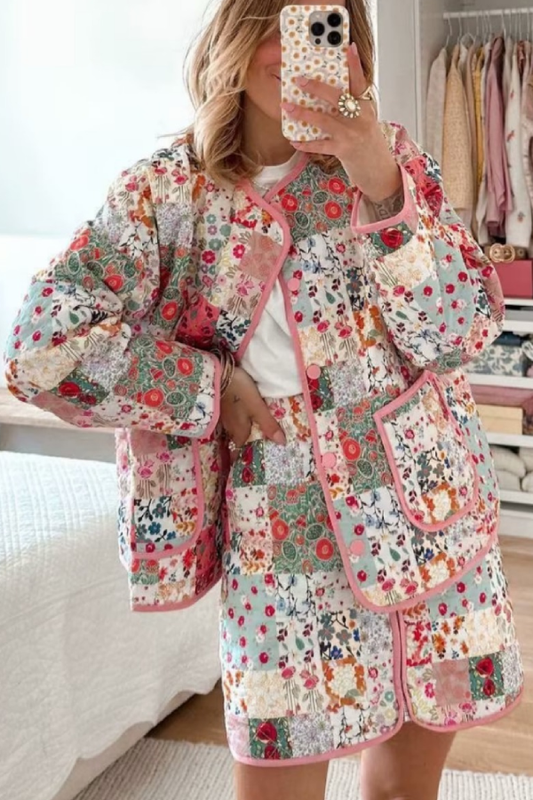 Printed Cotton Jacket + Vest + Skirt Set