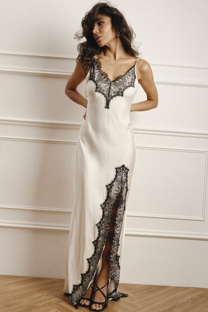 Lace Spaghetti Strap Silk-Like Slit Maxi Dress