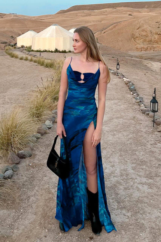 Floral Cowl Neck Split Strap Maxi Dress