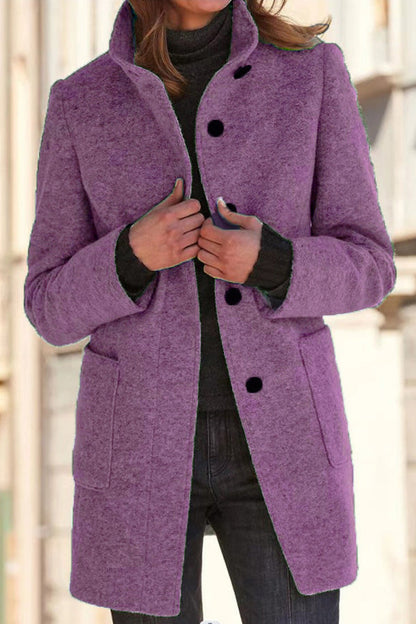 Retro Solid Color Button Stand Collar Wool Jacket