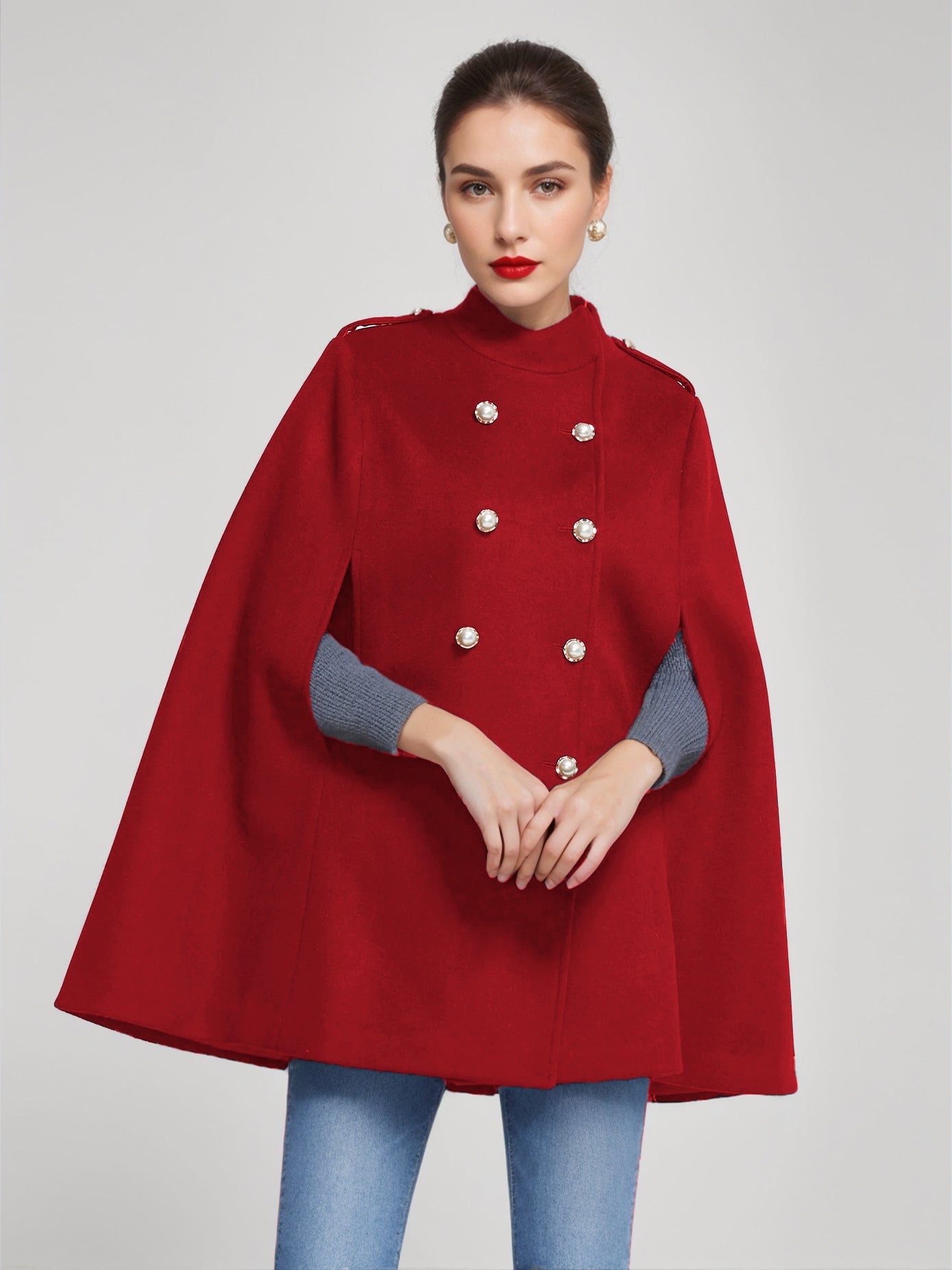 Woolen Cape Coat For Women Stand Collar Dark Navy Double-breasted Winter Poncho Outerwear 2026