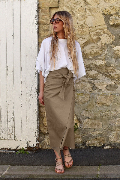 Vintage High-Waist Self-Tie Straight Midi Skirt