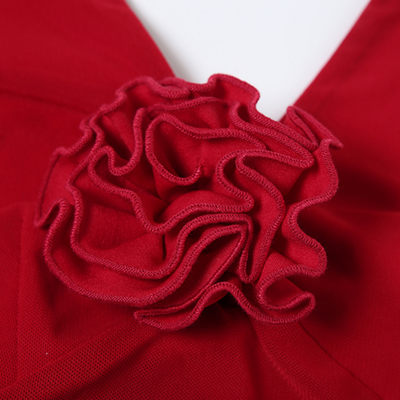 Halter self tie flower applique mesh maxi dress