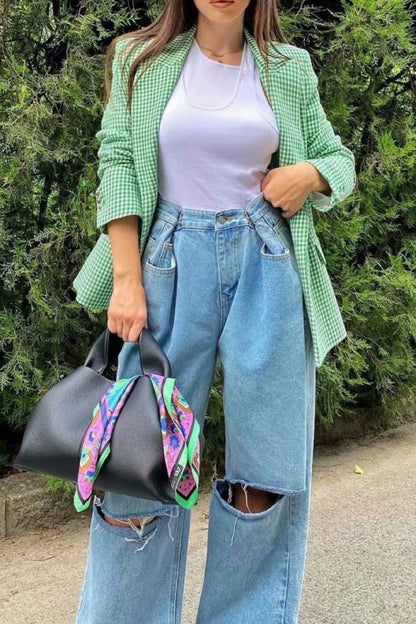 Check Set Double-Breasted Mid-Length Coat