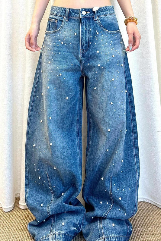 Pearl Embellished High Waisted Wide Leg Jeans