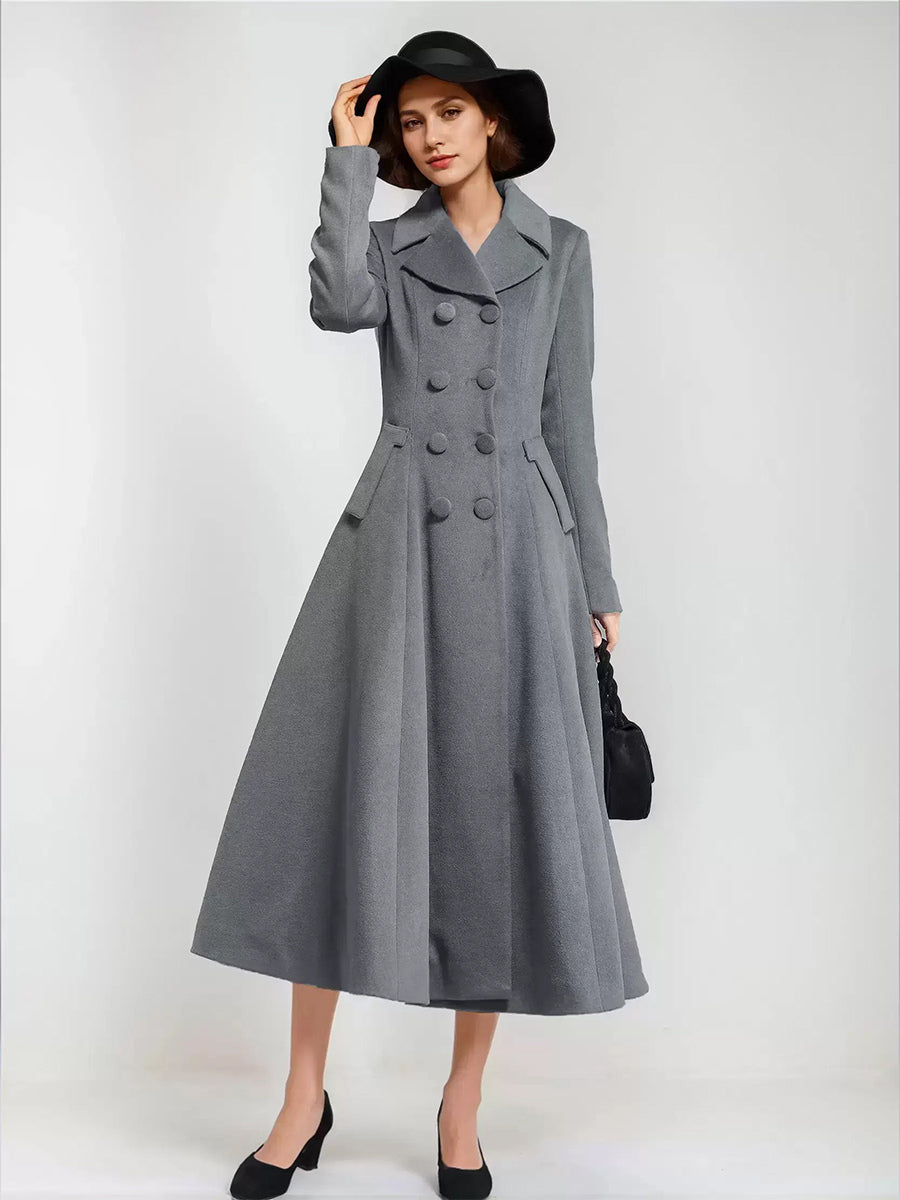 Wool Blend Flared Coat For Women Dark Navy Double-breasted Wide Lapel A-line Winter Outerwear 2026