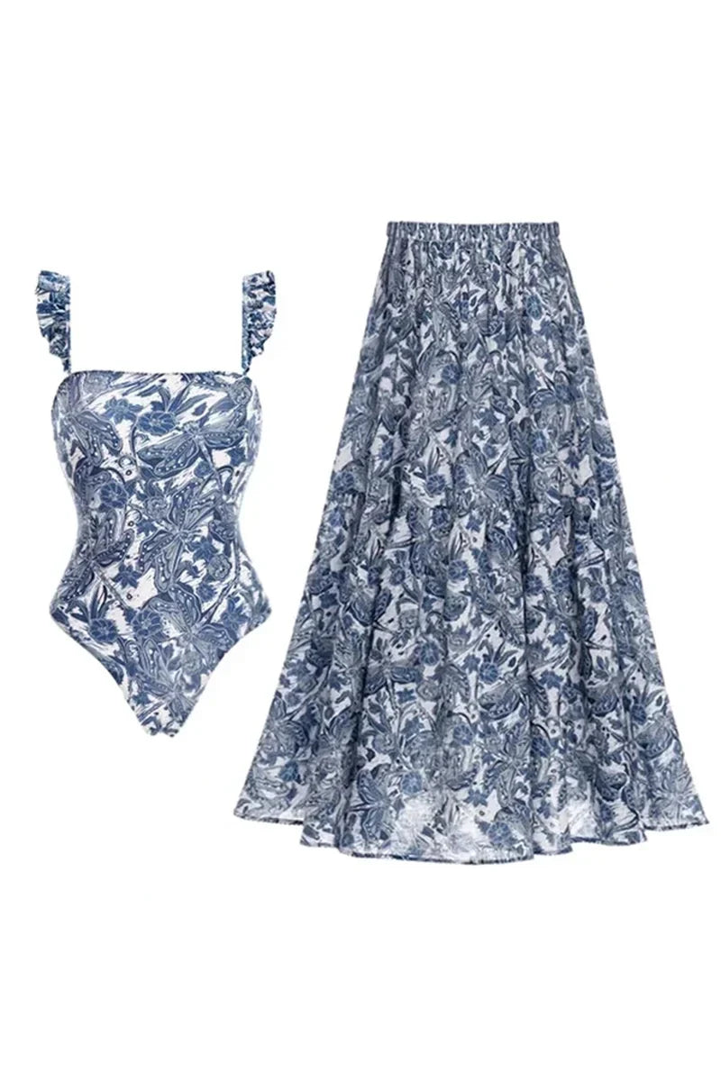 Blue Dragonfly Ruffle Skirt Swimsuit Set