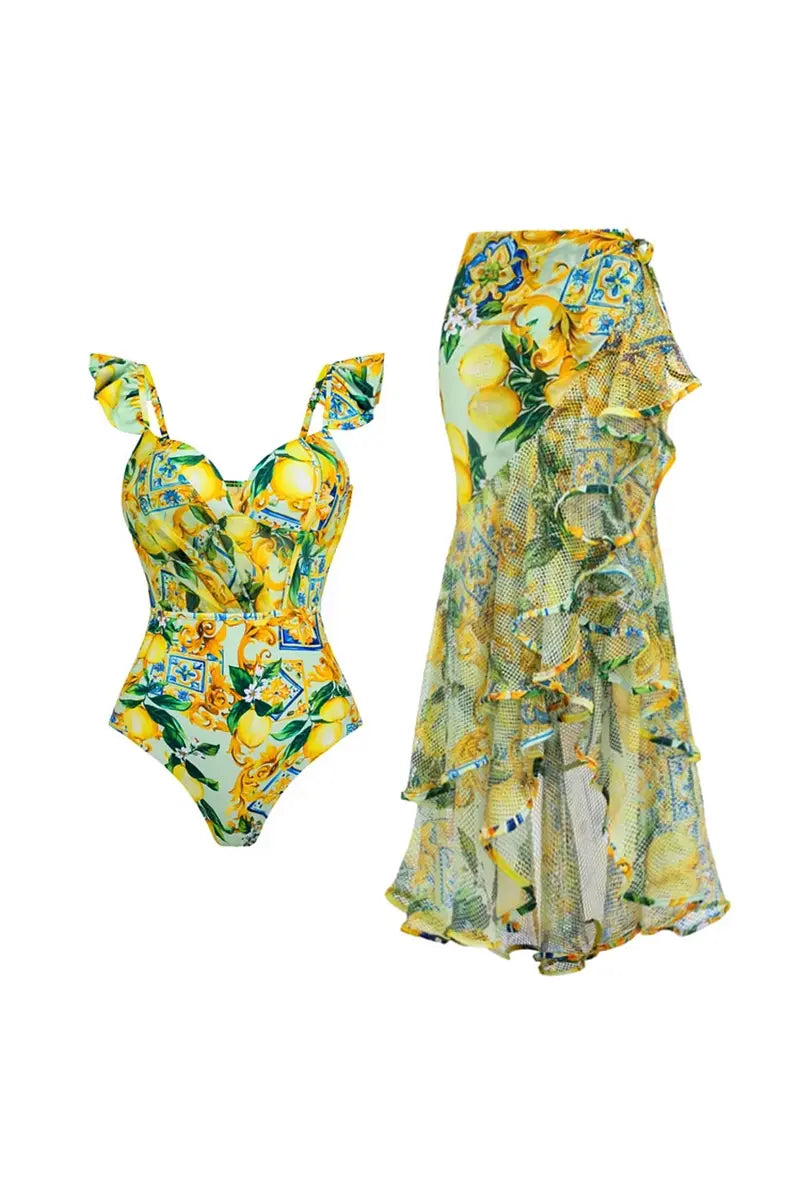 Mesh Lemon Print Swimsuit Set