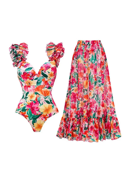 Floral Backless Swimsuit Beach Vacation Set