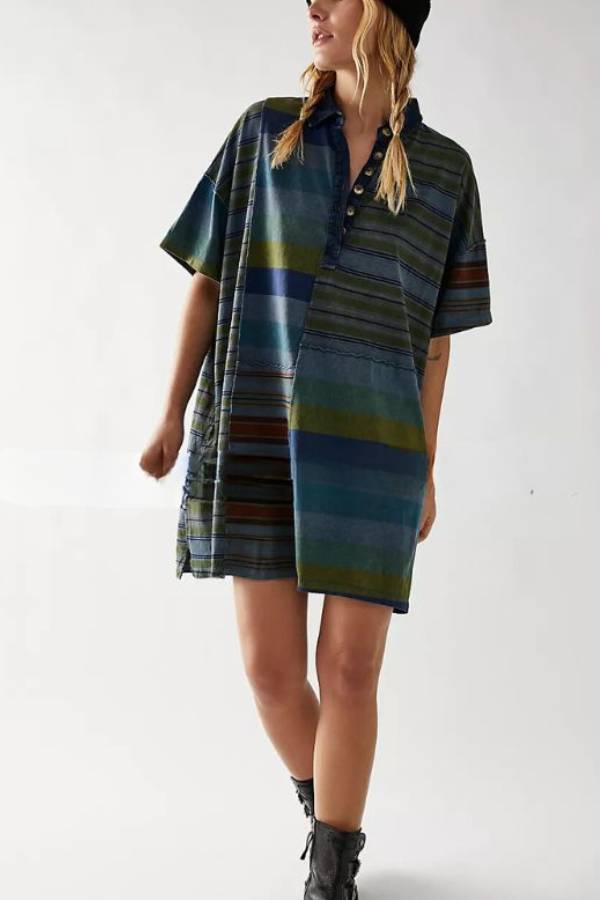 Mid-length Sleeve Lapel Contrast Striped Loose Casual Dress