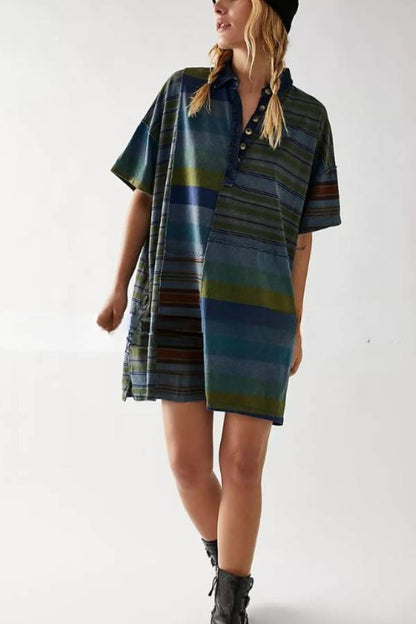 Mid-length Sleeve Lapel Contrast Striped Loose Casual Dress