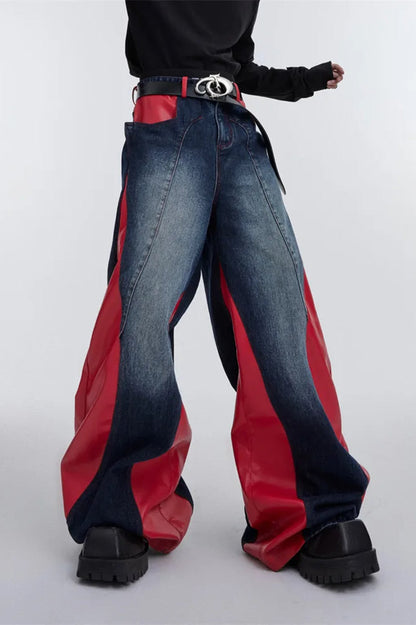 Wide Leg PU Leather Patchwork Jeans