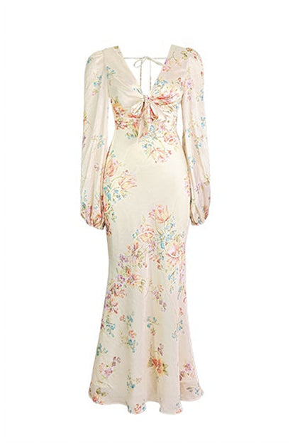 Melissa Floral Print V-Neck Satin Maxi Dress