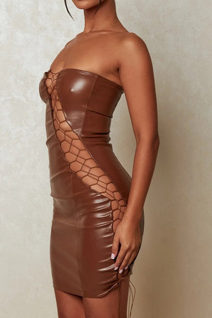 Strapless Faux Leather Criss Cross Lace Up Cut Out Bodycon Mini Dress