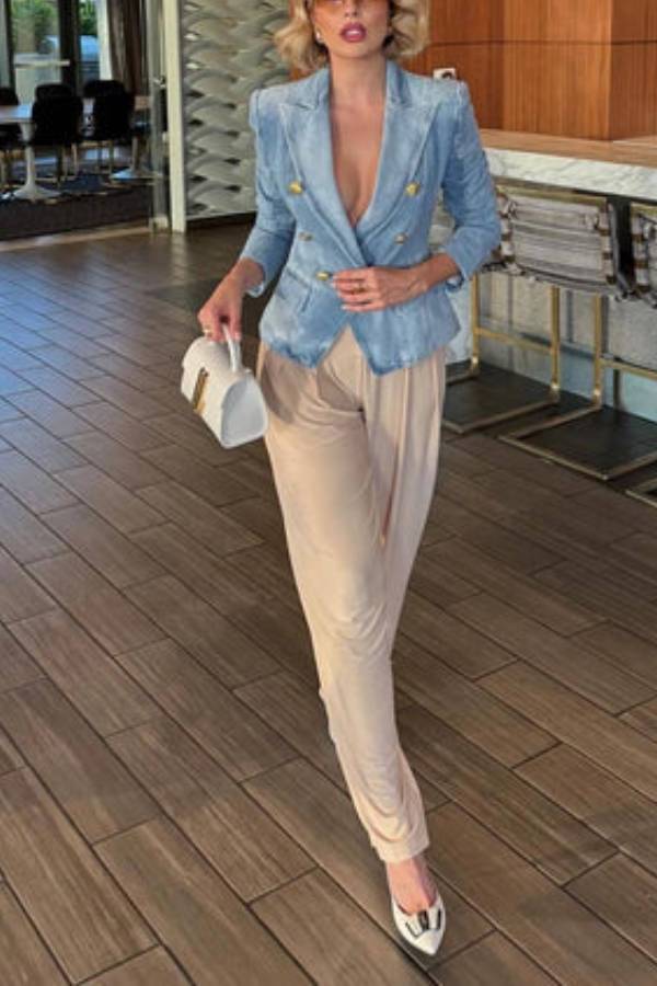 Casual Gold Tone Button Double Breasted Lapel Collar Tailored Denim Blazer