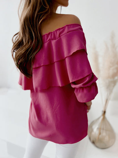 Long Sleeves Tees White Ruffles Bateau Neck Women T Shirt