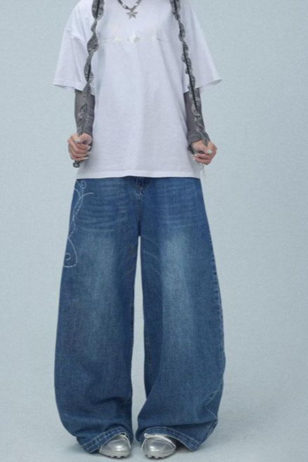 Embroidered High Rise Wide Leg Jean