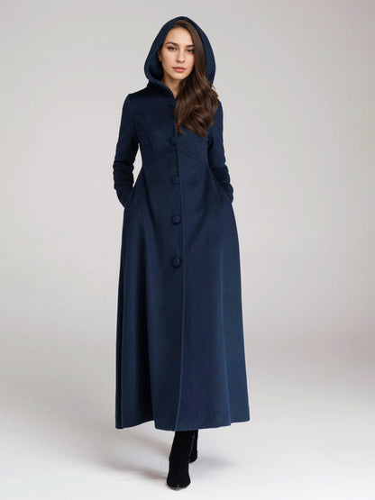 Wool Blend Coat With Hood Dark Navy A-line Flared Maxi Outerwear For Women 2026