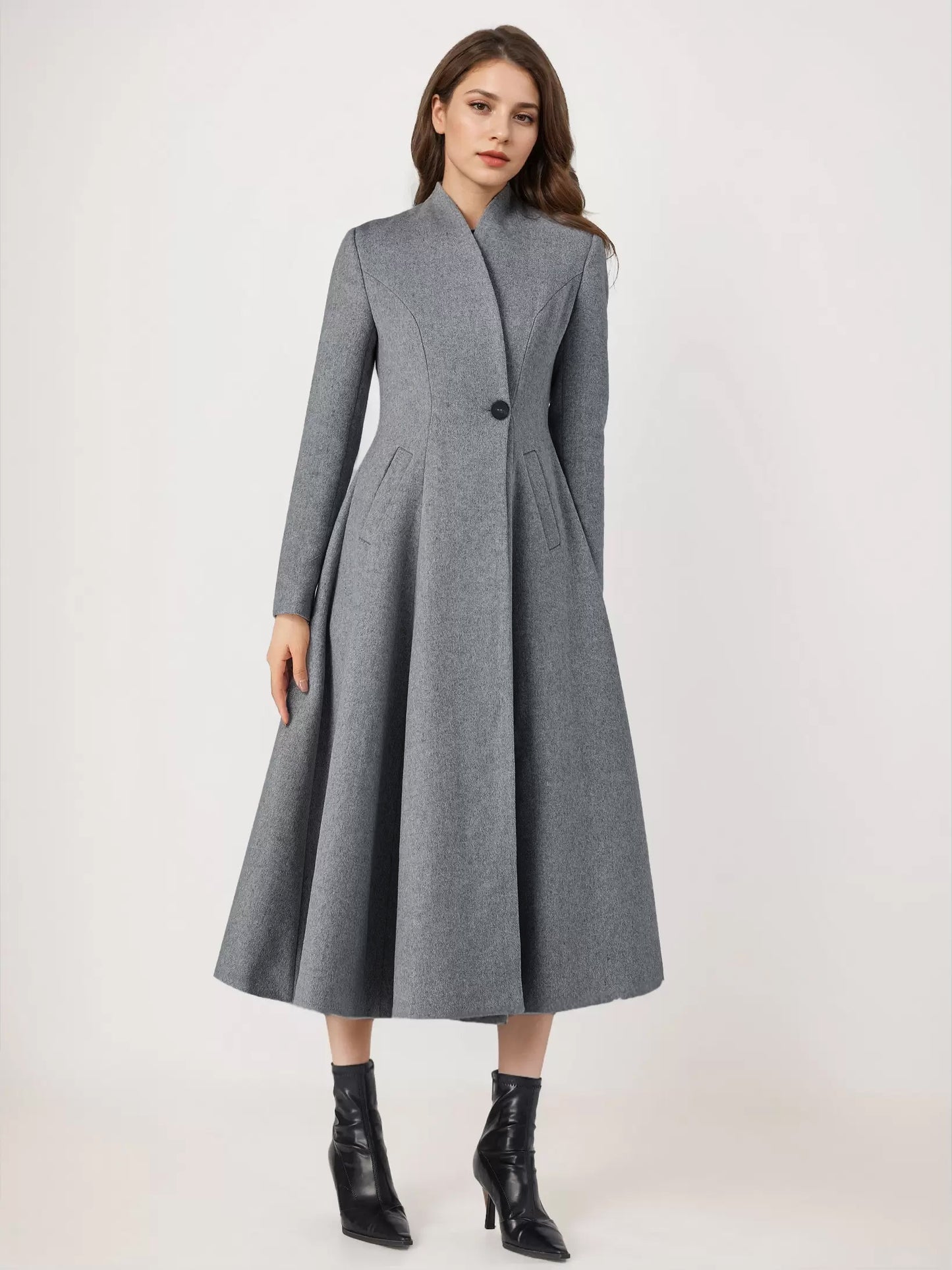 Wool Blend Flared Coat For Woman One Button Gray A-line Winter Midi Outerwear 2026
