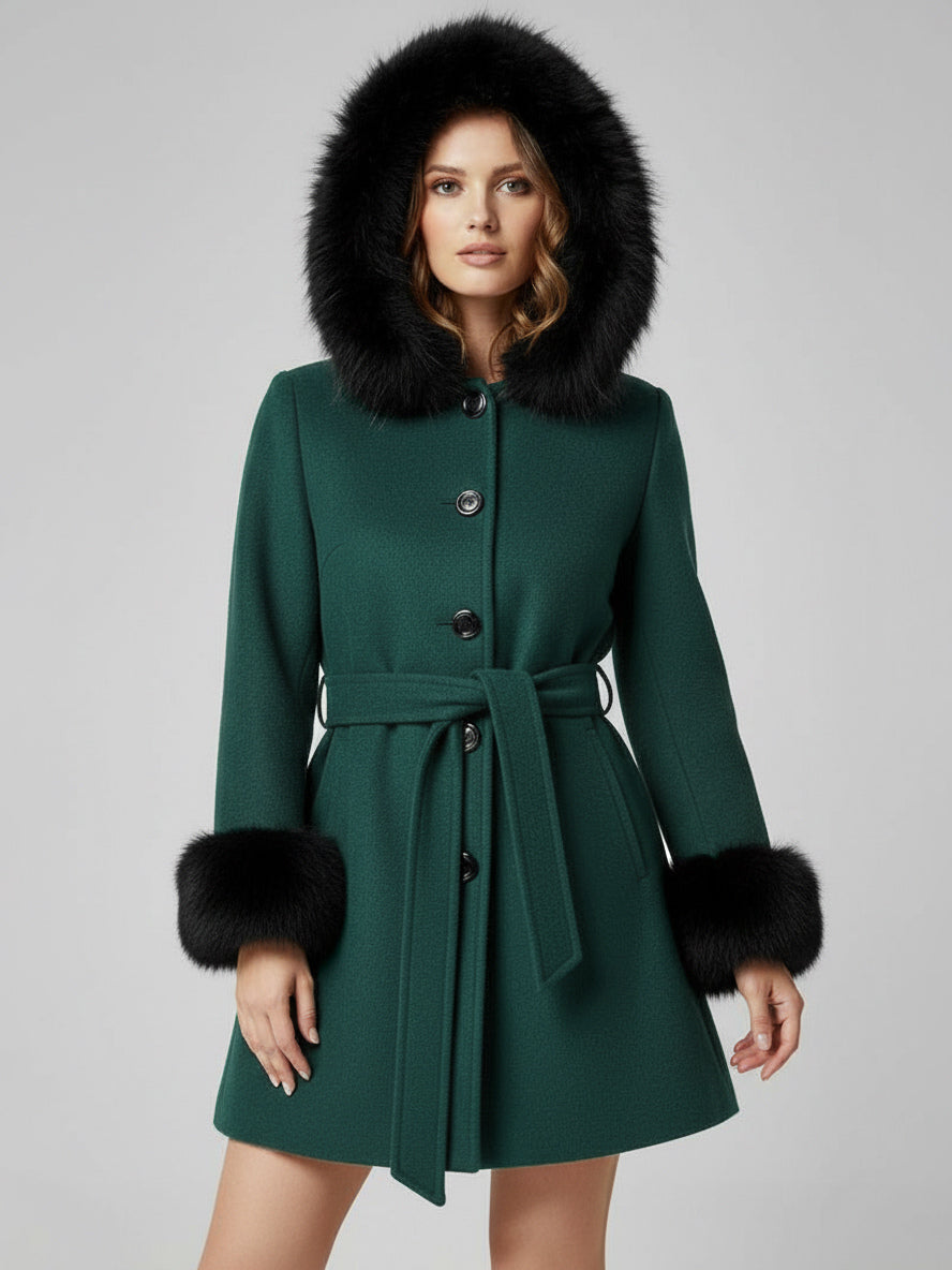 Belted Wool Blend Hooded Coat with black Faux fur cuffs For Women 2026