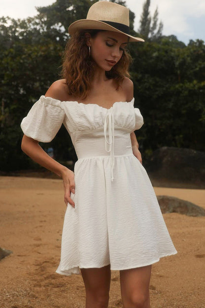 Off Shoulder Puff Sleeve Tie Back Bow A-Line Mini Dress