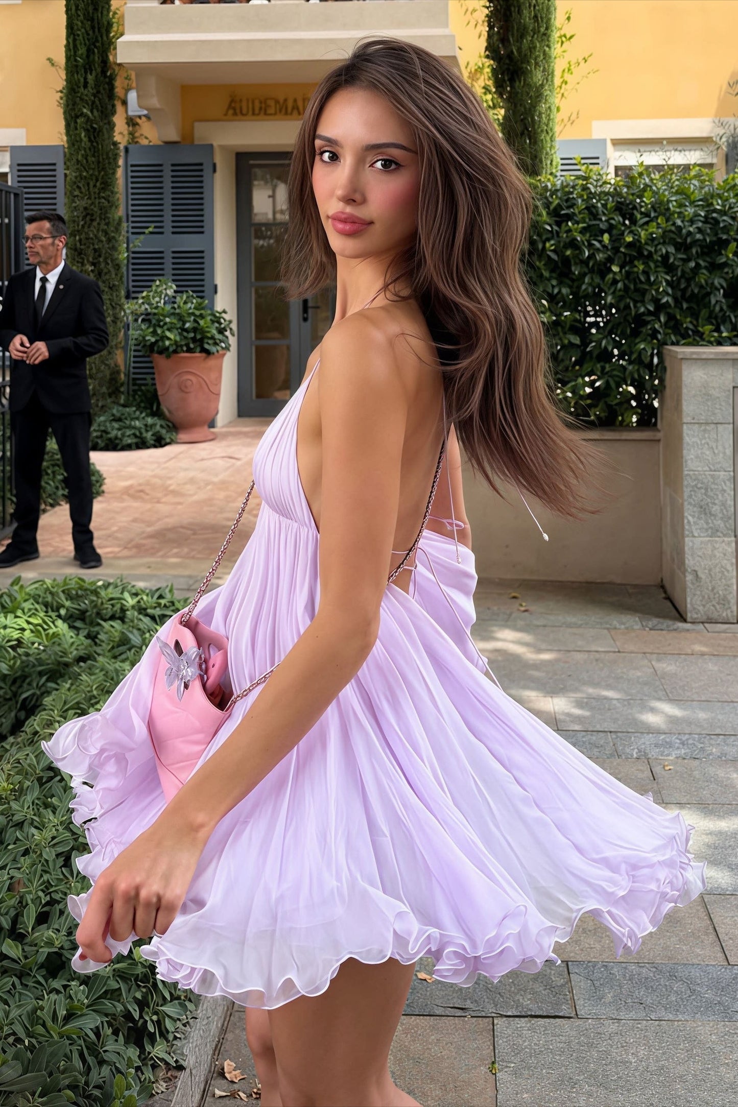 Pleated Chiffon Babydoll Plunging V-Neck Halter Spaghetti Strap Mini Dress