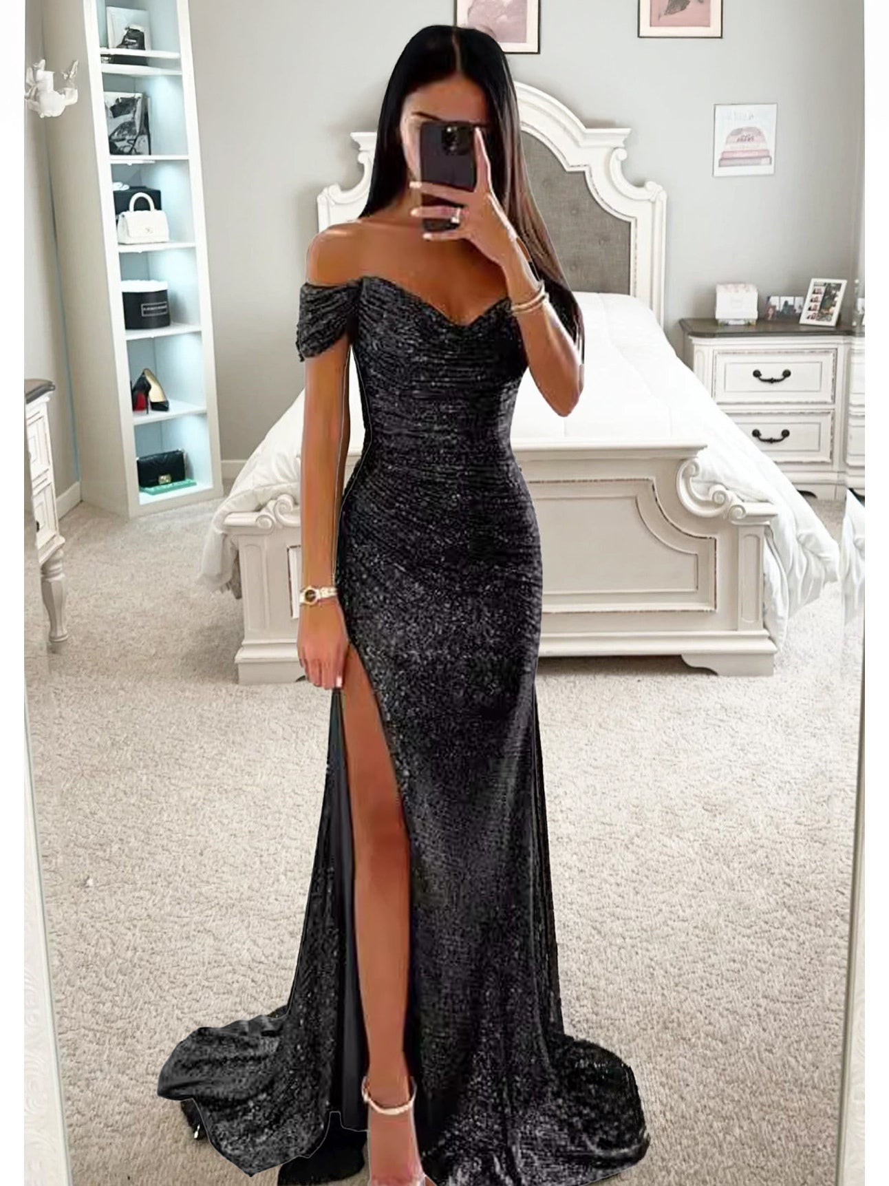 Sequin Maxi Gown With Off-Shoulder And High-slit For Formal Events 2026