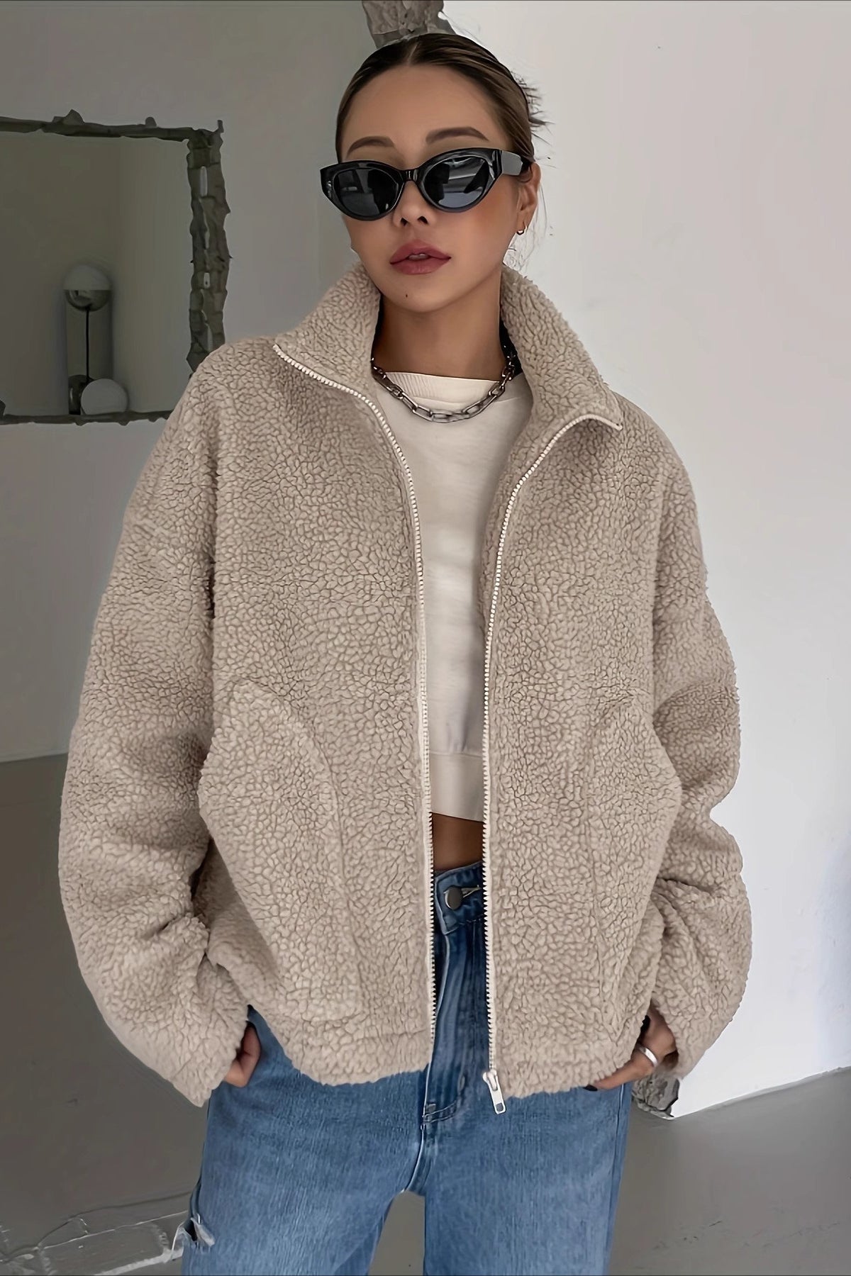 Oversized High Collar Fleece Jacket