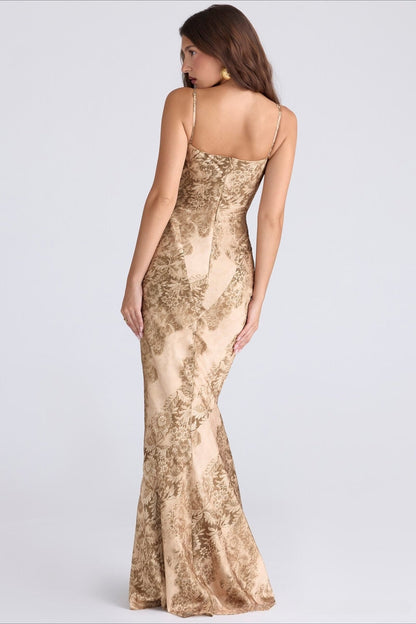 Gold Floral Print Satin Maxi Mermaid Prom Dress