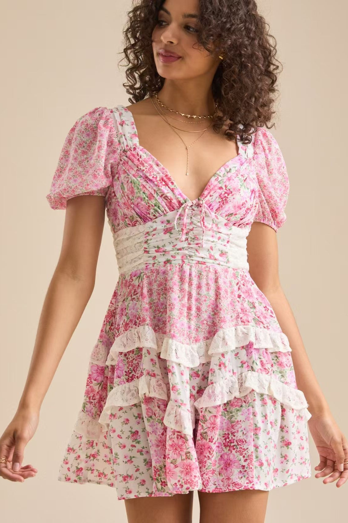 Floral Print Puff Sleeve Lace Smocked Waist Tiered Ruffle Mini Dress