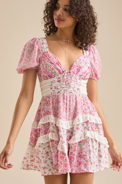 Floral Print Puff Sleeve Lace Smocked Waist Tiered Ruffle Mini Dress