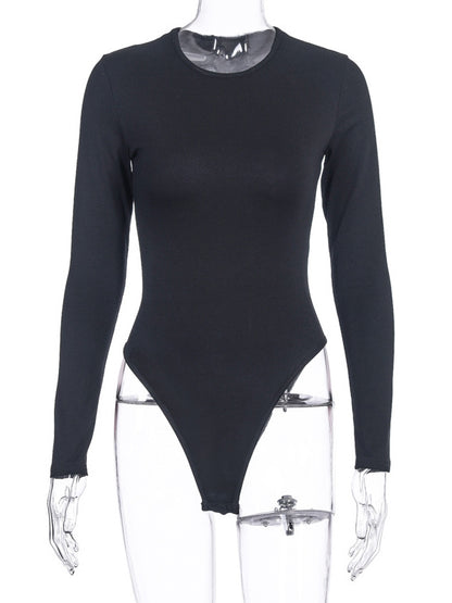 Bodysuit Light Apricot Long Sleeves Piping Stretch Notched Neckline Sexy Cotton Top For Women