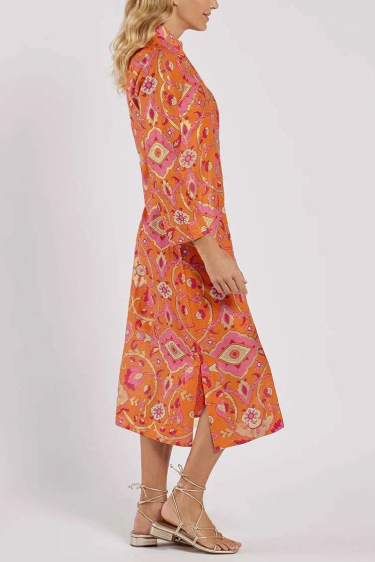 Stand Collar Printed Midi Dress