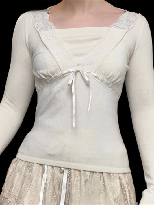 Solid Lace Trim Deep V-Neck Slim Long Sleeve Knit Top